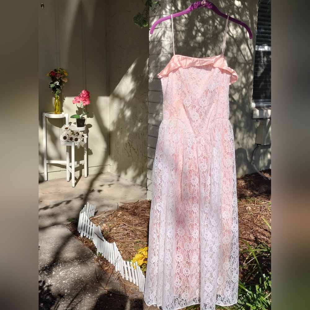 VINTAGE Pink Strapless Dress with White Lace Overlay and Ruffle Bodice